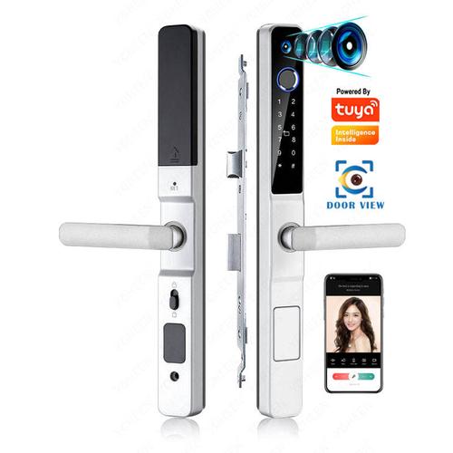 Ip65 Tuya Wifi Smart Handle Door Lock With Camera Fingerprint Phone App For Narrow  Wooden Doors